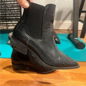 Black faux snake skin embossed ankle boots